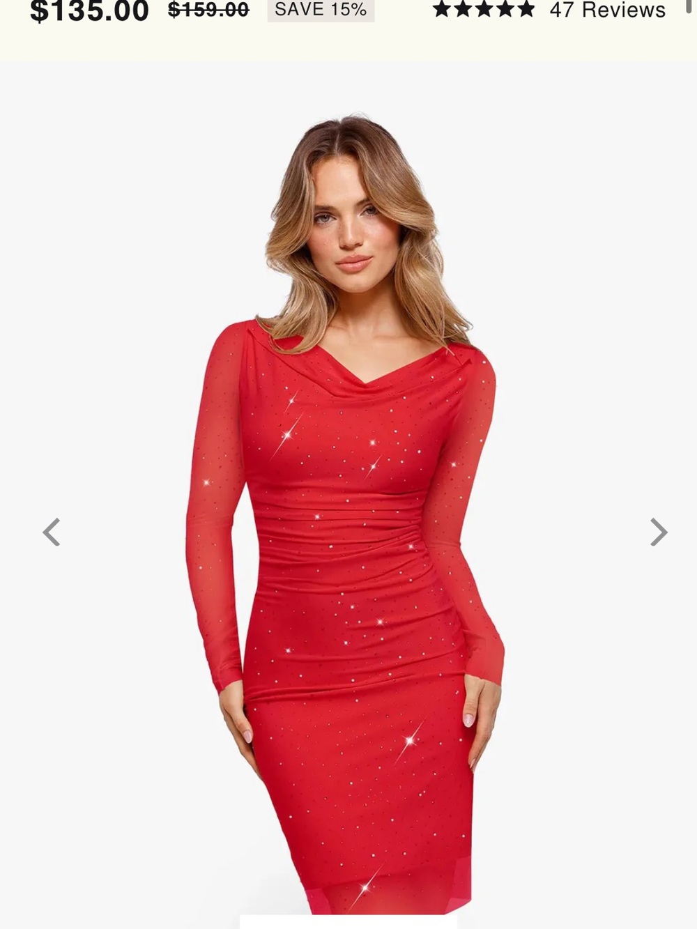 Red Long-Sleeve Draped Evening Dress with Subtle Sparkle